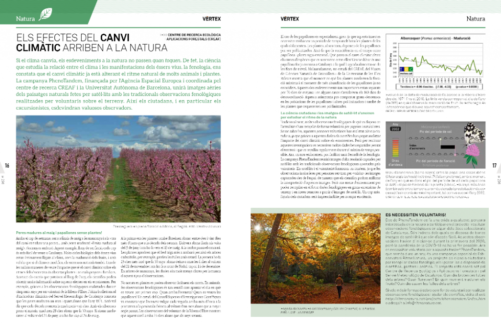 Doble pàgina sobre RitmeNatura i PhenoTandem al número 291 de la revista Vèrtex. Font: Federació d'Entitats Excursionistes de Catalunya