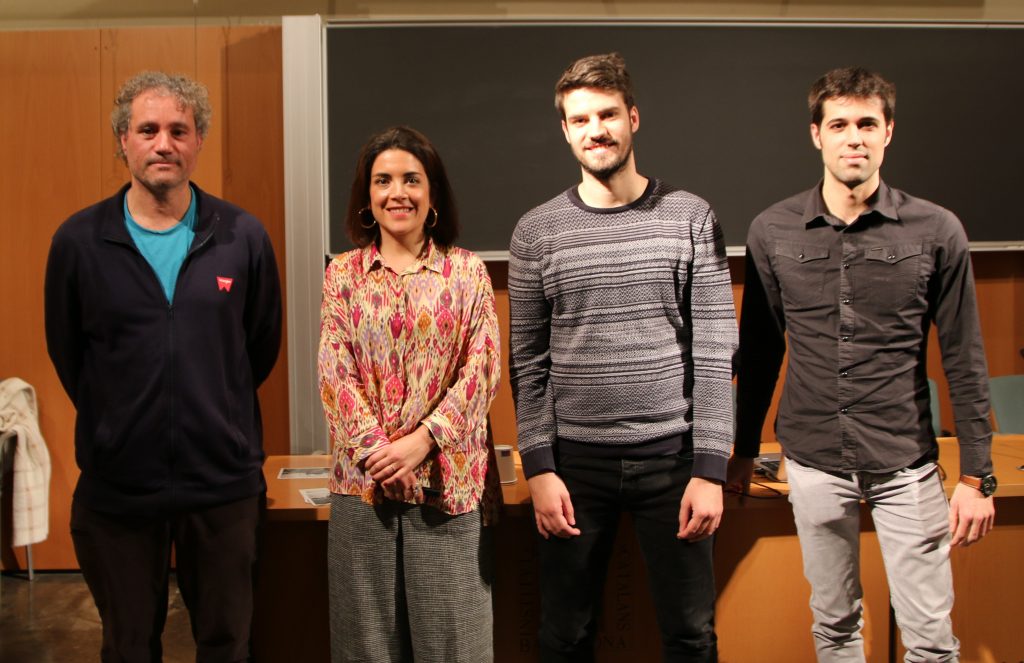 Ponents de la jornada de Santa Llúcia 2022 de la Societat Catalana de Biologia. D'esquerra a dreta, el doctor Josep Lloret, el doctor Sergi Vinardell, el tècnic de comunicació Gerard Gaya i la doctora Carolina Donat. Font: Institut d'Estudis Catalans