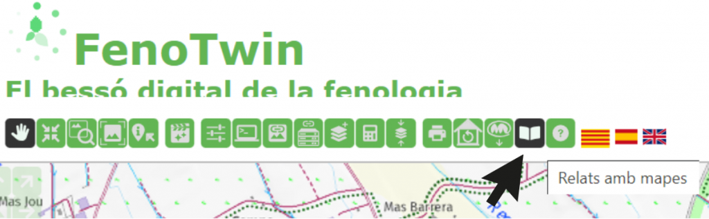 Captura de pantalla de com trobar els relats amb mapes o storymaps al bessó digital FenoTwin. Font: bessó digital FenoTwin