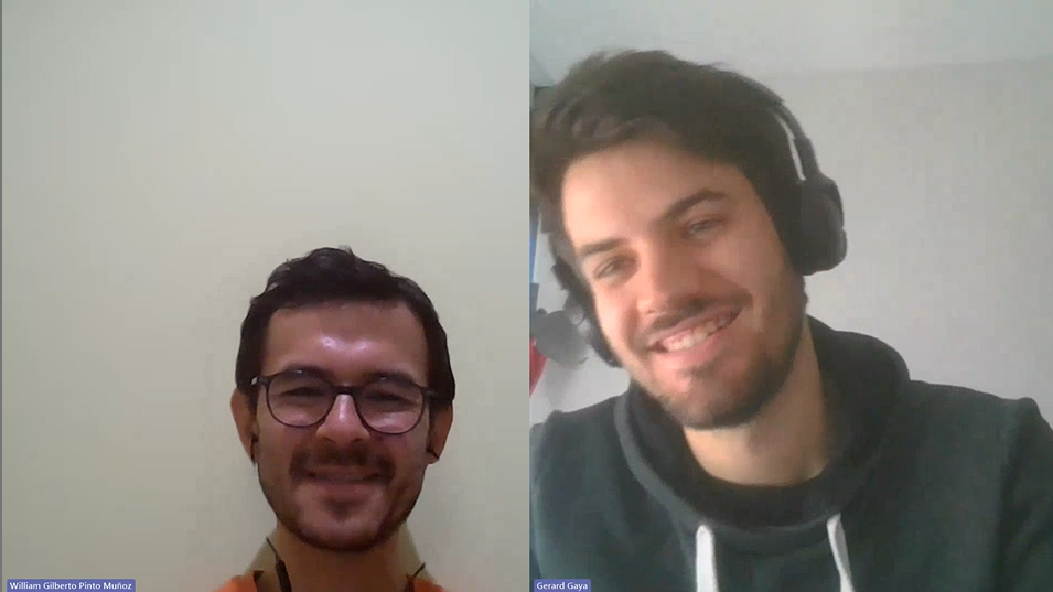 Captura de pantalla de l'entrevista. A l'esquerra, el màster en teledetecció i SIG William Pinto Muñoz. A la dreta, el tècnic de comunicació de RitmeNatura Gerard Gaya. Font: Pròpia